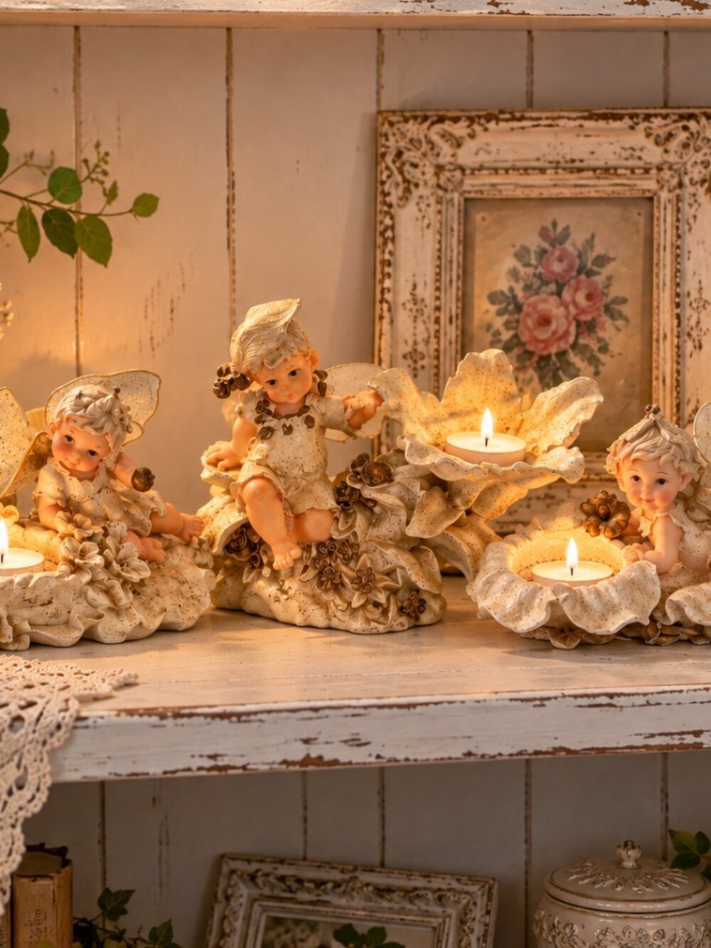 Vintage Fairy Cherub Tealight Candle Holders Set of 3 Shabby Chic Whimsical
